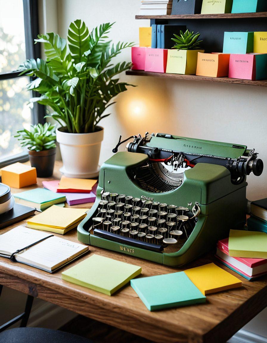 A visually engaging workspace featuring a vintage typewriter surrounded by colorful sticky notes and books on writing techniques. A glowing light bulb symbolizes creativity, while a laptop displays a blog interface on one side. Plants add a touch of freshness, with a coffee cup steaming next to the typewriter. Bright, inviting colors create a warm atmosphere. super-realistic. vibrant colors. 3D.