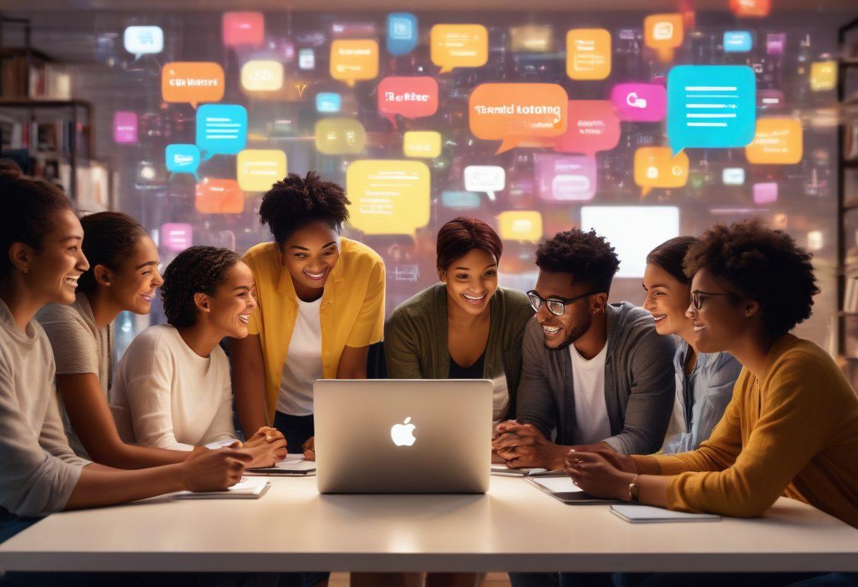 A diverse group of people interacting around a glowing digital screen showcasing various blog posts and comments, symbolizing a lively online community. Include floating speech bubbles with quotes and emojis to represent engagement. The background should have a tech-savvy vibe with elements like laptops, smartphones, and stacks of books. Emphasize warmth and collaboration with a blend of vibrant colors to evoke a sense of connection. super-realistic. vibrant colors.