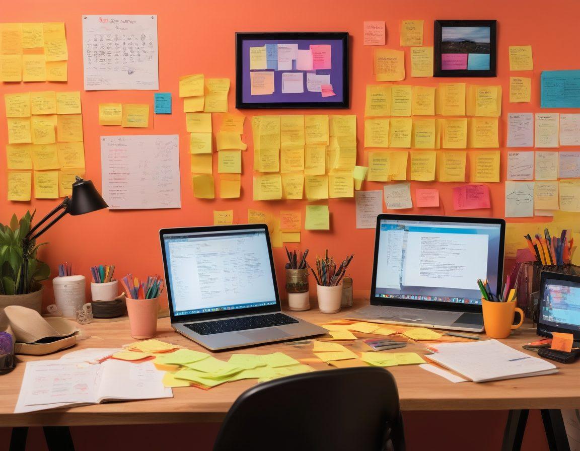 A dynamic workspace filled with vibrant tools of content creation, including a laptop, camera, sketchbook, and studio lights. In the foreground, a passionate creator is brainstorming ideas while surrounded by colorful sticky notes representing their passion. Behind them, a wall showcases successful monetization achievements like awards and income graphs. The atmosphere conveys energy, creativity, and the journey from passion to profit. super-realistic. vibrant colors. cozy background.
